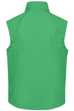 A green men's softshell vest with a sleek, sleeveless design and a smooth texture, featuring a logo.