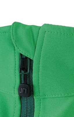 A green softshell vest featuring a front zipper and a logo on the zipper pull.