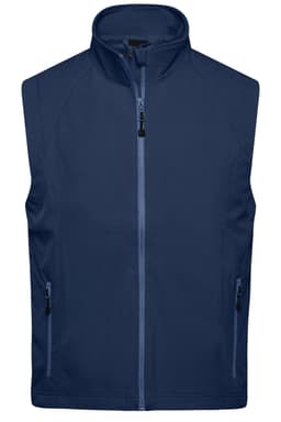 A navy blue men's softshell vest with a zippered front and two side pockets, featuring a logo.