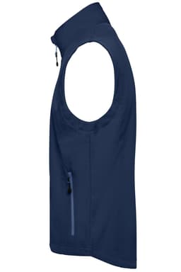 A navy men's softshell vest featuring a high collar and side pockets, with a logo on the chest.