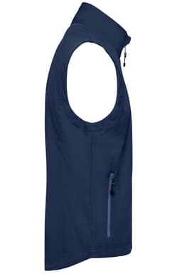 A navy softshell vest features a high collar and a side zip pocket, designed for a sleek look.