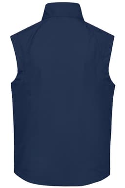 A navy men's softshell vest featuring a high collar and no sleeves. It has a logo on the back.