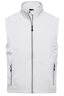 A white men's softshell vest with a zip front and two side pockets, featuring a logo.