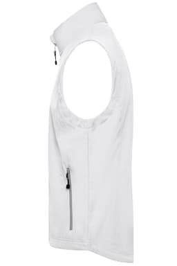A white softshell vest for men featuring a zippered pocket and a collar. Includes a logo.