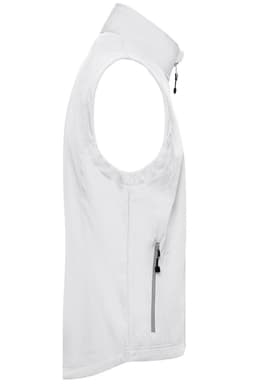 A white men's softshell vest with a zippered pocket and a high collar, showcasing a lightweight design.