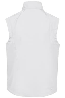 A white softshell vest featuring a collar and a back view. It includes a logo on the neck area.