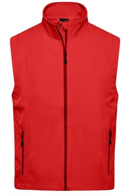 A red men's softshell vest featuring a high collar and two side pockets, with a logo present on the garment.