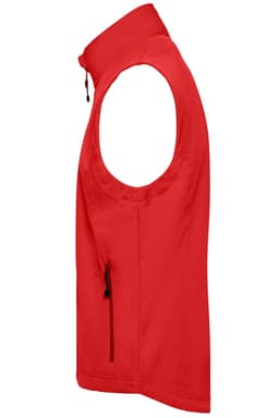 A red men's softshell vest featuring a high collar and a side zippered pocket.