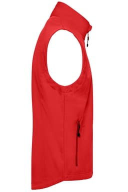 A red men's softshell vest with a side zip pocket and a stand-up collar. The design features no sleeves.