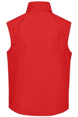 A red men's softshell vest with a high collar and no sleeves, featuring a logo on the back.