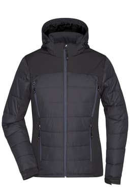 A black hybrid jacket featuring a zip front, two zippered pockets, and a hood, with a logo on the chest.