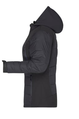 A black hybrid jacket with a hood, featuring padded sections and a side view showcasing its design and fit.