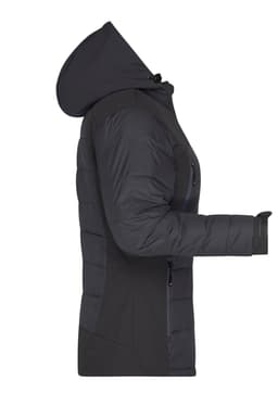 A ladies' outdoor hybrid jacket in black with a hood and soft shell construction, featuring a logo.