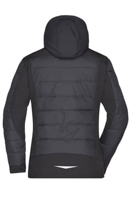 A ladies' outdoor hybrid jacket featuring a hood, primarily in black with padded sections. It has a logo on the back.