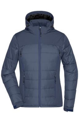 A navy blue ladies' outdoor hybrid jacket featuring a hood, zippered pockets, and a soft shell design.