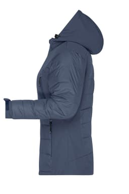 A navy blue ladies outdoor hybrid jacket with a hood and soft shell design, featuring a logo.