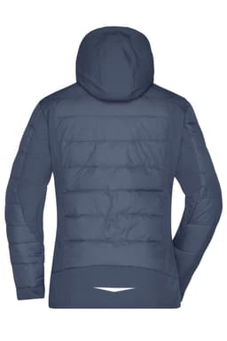 A navy blue ladies' outdoor hybrid jacket with a hood, featuring a quilted design and a logo on the back.