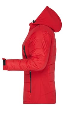 A red soft shell ladies' outdoor hybrid jacket with a hood and zippered pockets, featuring a logo on the chest.