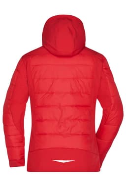 A red ladies outdoor hybrid jacket with a hood, featuring a soft shell design and quilted back.