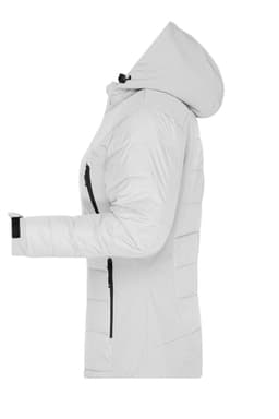 A light grey soft shell jacket with a hood, featuring zippered pockets and a fitted design. It has a logo on it.