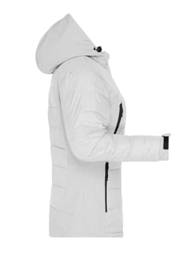 A ladies' outdoor hybrid jacket in white with a hood, featuring side zippers and a branding logo.