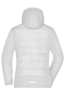 A soft shell jacket in white, featuring a hood and a quilted design on the back. It has a logo on the fabric.