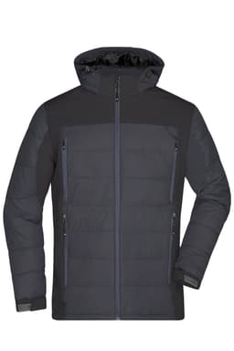 A men's outdoor hybrid jacket in dark grey with a hood and multiple zippered pockets, featuring a logo.