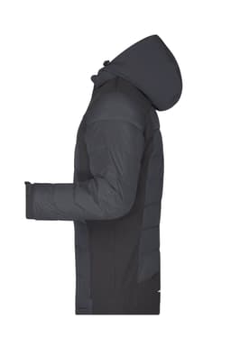 A men's outdoor hybrid jacket in dark grey, featuring a hood and soft shell design. Includes a logo on the sleeve.