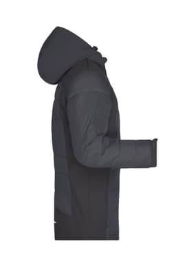 A men's outdoor hybrid jacket in dark grey, featuring a hood and soft shell design. It has a logo on the front.