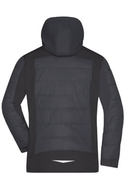A soft shell men's outdoor hybrid jacket in black, featuring a hood and padded back design. Includes a logo.
