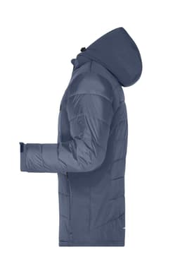 A men's outdoor hybrid jacket in navy blue with a hood, featuring a soft shell design and a side view.