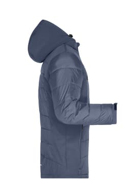 A men's outdoor hybrid jacket in a dark blue colour, featuring a hood and side profile view. Logo present.