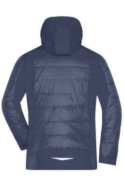 A navy blue men's outdoor hybrid jacket featuring a hood and puffer-style back design, with a logo on the sleeve.