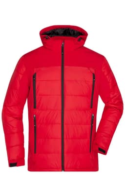 A red men's outdoor hybrid jacket featuring a hood and multiple zippered pockets, with black accents.