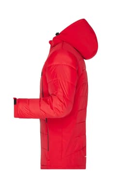 A red men's outdoor hybrid jacket with a hood and side zip pockets, featuring a logo.