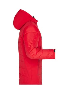A red men's outdoor hybrid jacket with a hood, featuring a soft shell design and multiple zippered pockets.