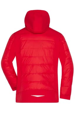 A red men's outdoor hybrid jacket with a hood, featuring a soft shell design and puffy panels on the back.