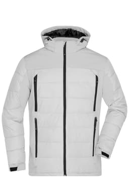 A light grey men's outdoor hybrid jacket with black zippers and a hood, featuring multiple front pockets and a soft shell design.