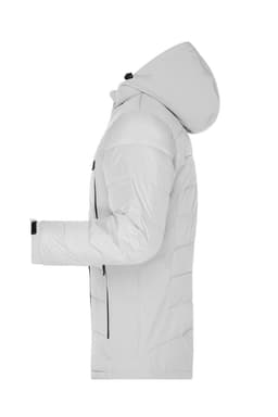 A white men's outdoor hybrid jacket with a hood and zippered pockets, featuring a logo on the chest.
