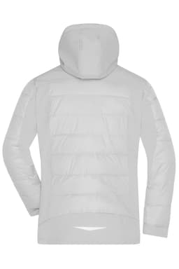 A soft shell men's outdoor hybrid jacket in light grey, featuring a hood and a stitched back design.