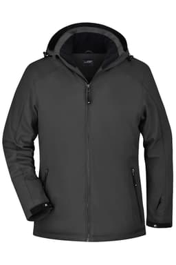 A soft shell jacket in dark grey with a hood and zip pockets. Features a logo on the front.
