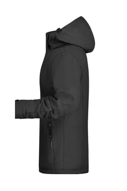 A soft shell jacket in black, featuring a hood and zippered pockets, displayed from a side view.