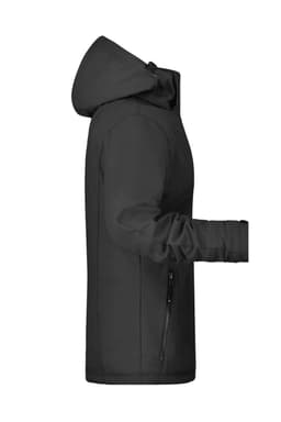 A black soft shell jacket with a hood, featuring a side view and a logo on the front.