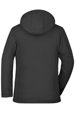 A black soft shell jacket with a hood, featuring a simple design and long sleeves. It has a logo on the back.