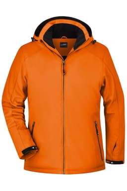 An orange soft shell jacket with a hood, featuring zippered pockets and a black interior.