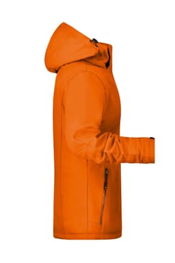 An orange soft shell jacket with a hood, featuring a zip pocket and a sleek design.