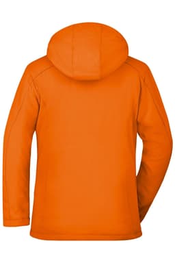A soft shell jacket in bright orange with a hood, featuring a logo on the back.