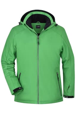 A green soft shell jacket with a hood, featuring zippered pockets and a logo on the chest.