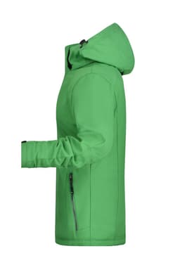A green ladies soft shell jacket with a hood, featuring a side zipper and a fitted design.
