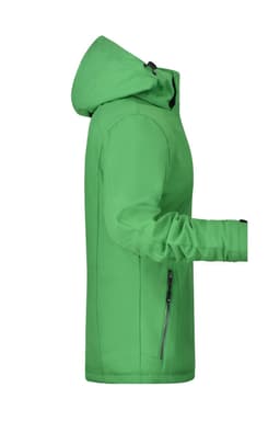 A green soft shell jacket with a hood, featuring a zippered pocket and a logo on the sleeve.